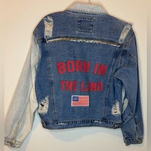 American Bazi Women’s Ombre Distressed Jean Jacket Graphic/Patch on Back Size S